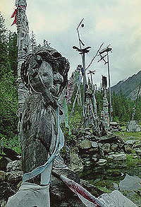 Wooden idols in Sayan mountains.