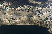 Space photo of the Kronotsky volcano and the lake