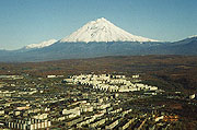 Petropavlovsk-Kamchatsky with the Koryaksky volcano on the background