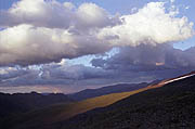 Evening view of the valley to the north from Mt Elbrus with beautiful clouds