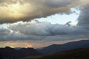 Evening view of the valley to the north from Mt Elbrus with beautiful clouds