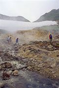 "Wild Russia" tourists among minigeysers.