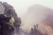 Following along the edge of the crater