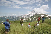 Near the Vilyuchinsky waterfall in Kamchatka