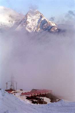 Down to the Barrels Huts and mt.Donguz-Orun behind